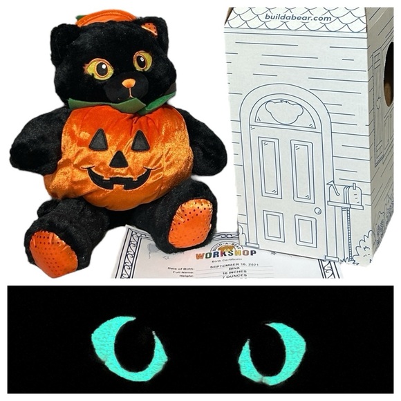 Build-A-Bear Midnight Sparkle Kitty Black Cat GITD Eyes Pumpkin Outfit & Box BAB - Picture 1 of 16